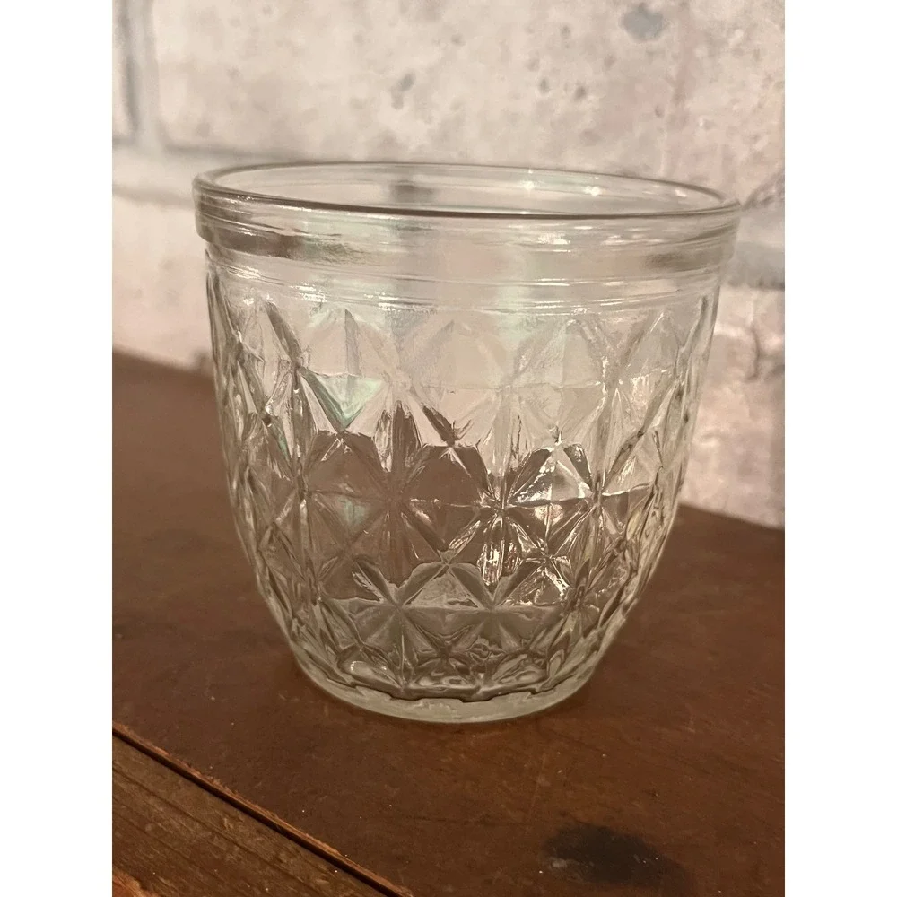 9 Vintage Ball Jars Quilted Crystal‎ Jelly Glasses Metal Flower Lids 70s Retro